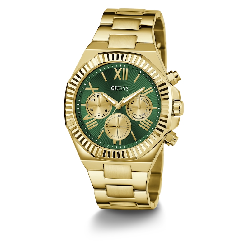 Guess Men's Green Chronograph Dial Gold Tone Bracelet Watch