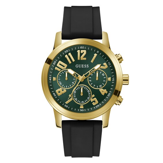Guess Mens Green Chronograph Dial Black Leather Strap Watch