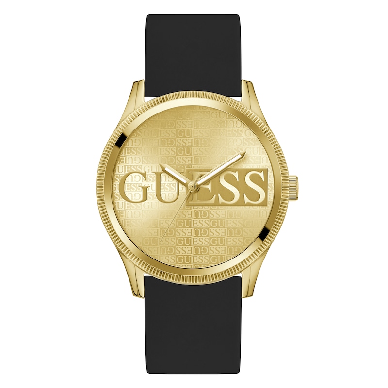 Guess Champagne Logo Dial Black Silicone Strap Watch