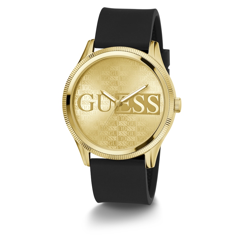 Guess Champagne Logo Dial Black Silicone Strap Watch