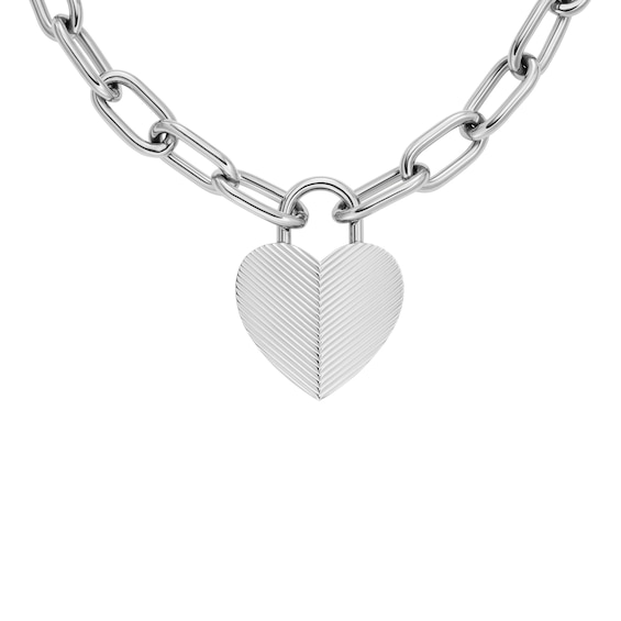 Fossil Harlow Women's Linear Texture Heart Stainless Steel Pendant Necklace