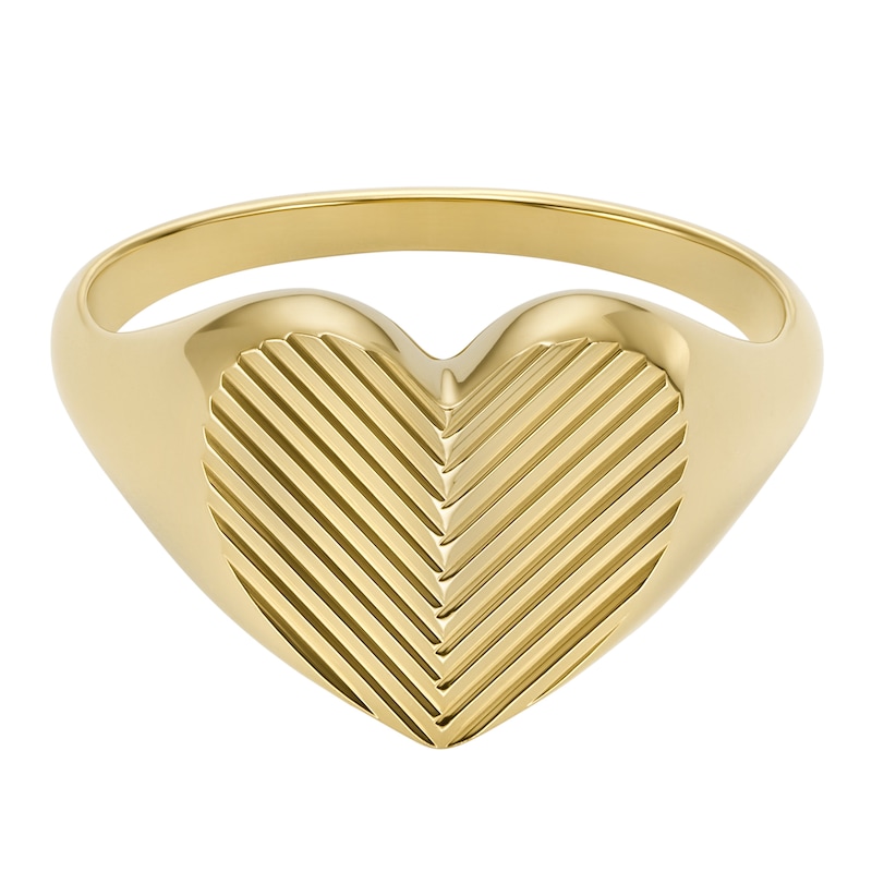 Fossil Harlow Ladies' Linear Texture Heart Gold Tone Signet Ring - Size L