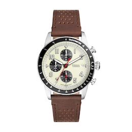 Fossil Sport Tourer Men's Cream Chronograph Dial Brown Leather Strap Watch