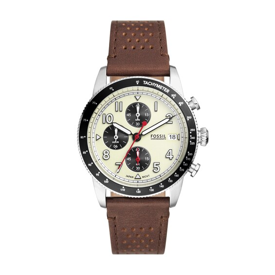 Fossil Sport Tourer Mens Cream Chronograph Dial Brown Leathe
