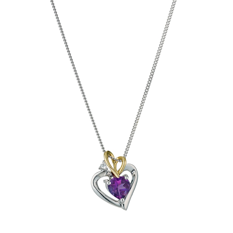 Main Image 1 of Silver & 9ct Yellow Gold Heart & Amethyst Centre