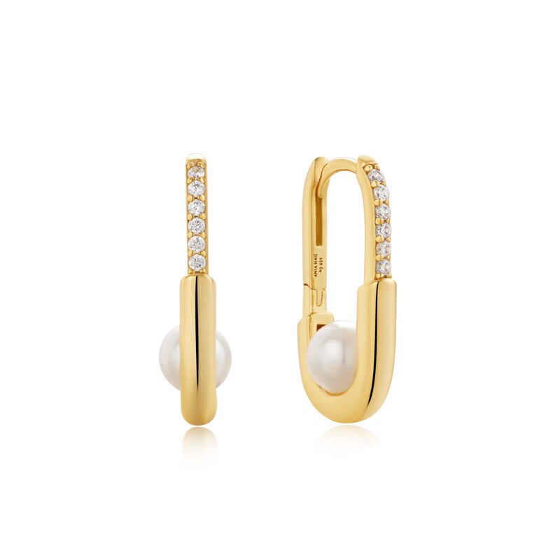 Main Image 1 of Anie Haie 14ct Gold Plated Pearl & CZ Interlock Oval Hoop Earrings