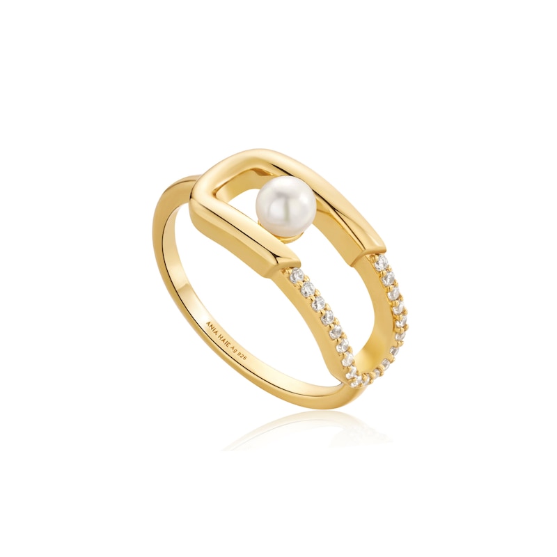 Anie Haie 14ct Gold Plated Pearl Sparkle Interlock Ring - Size L