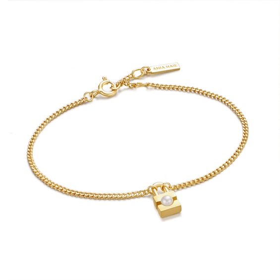 Anie Haie 14ct Gold Plated Pearl Padlock Bracelet