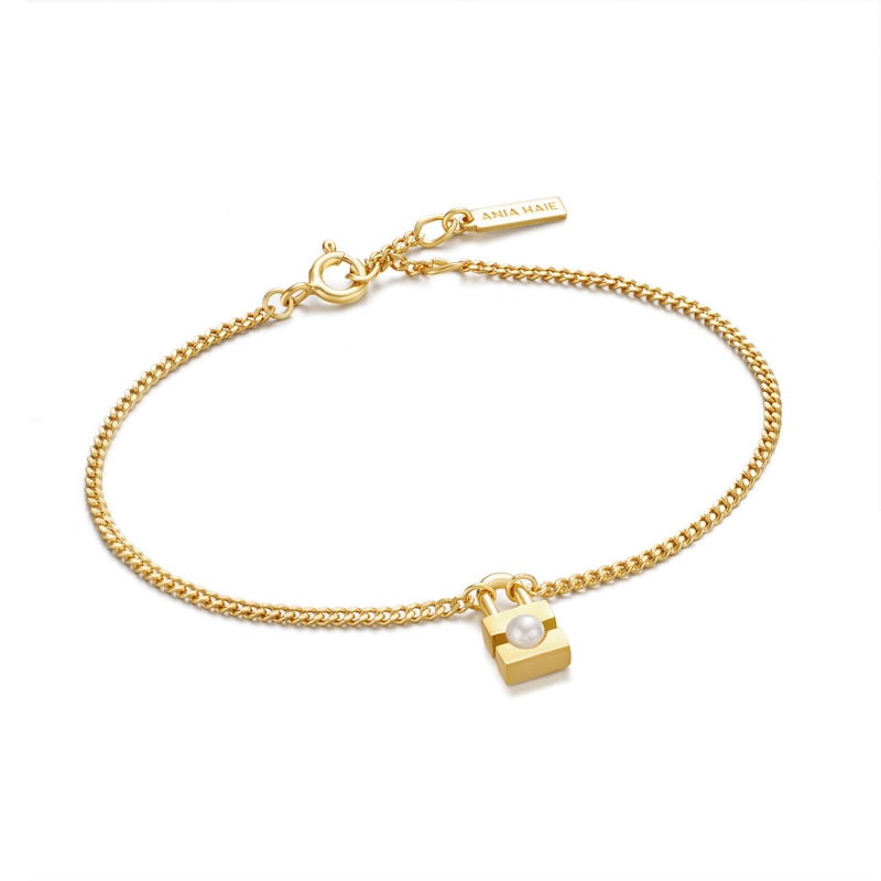 Anie Haie 14ct Gold Plated Pearl Padlock Bracelet