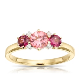 9ct Yellow Gold Willa Tourmaline, Rhodolite Garnet & Diamond Trilogy Ring