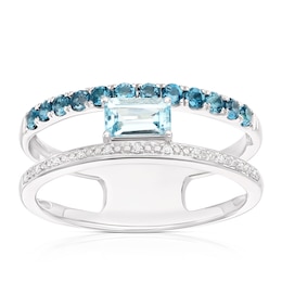 9ct White Gold Lucy London Blue Topaz & Diamond Open Ring