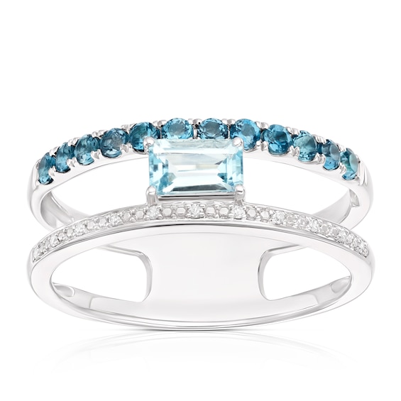9ct White Gold Lucy London Blue Topaz and Diamond Open Ring