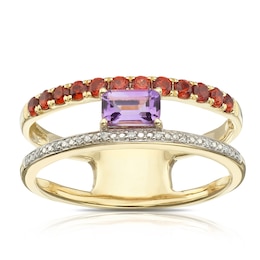 9ct Yellow Gold Lucy Amethyst, Garnet & Diamond Open Ring