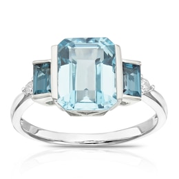 9ct White Gold Naomi Diamond & Blue Topaz Trilogy Ring