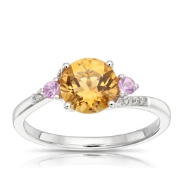 9ct White Gold Lily Citrine, Pink Sapphire & Diamond Twist Ring