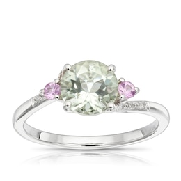 9ct White Gold Lily Green Amethyst, Pink Sapphire & Diamond Twist Ring