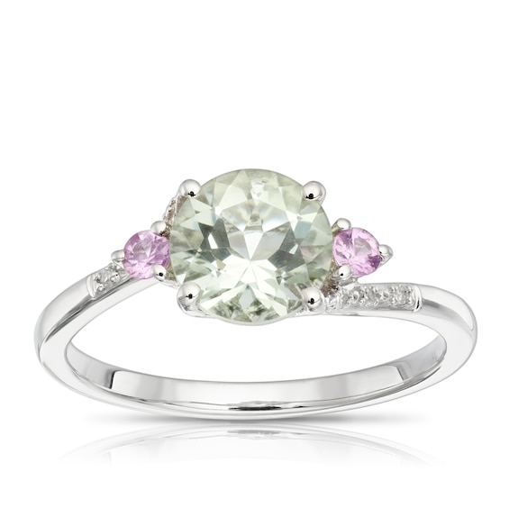 9ct White Gold Lily Green Amethyst, Pink Sapphire and Diamond Twist Ring