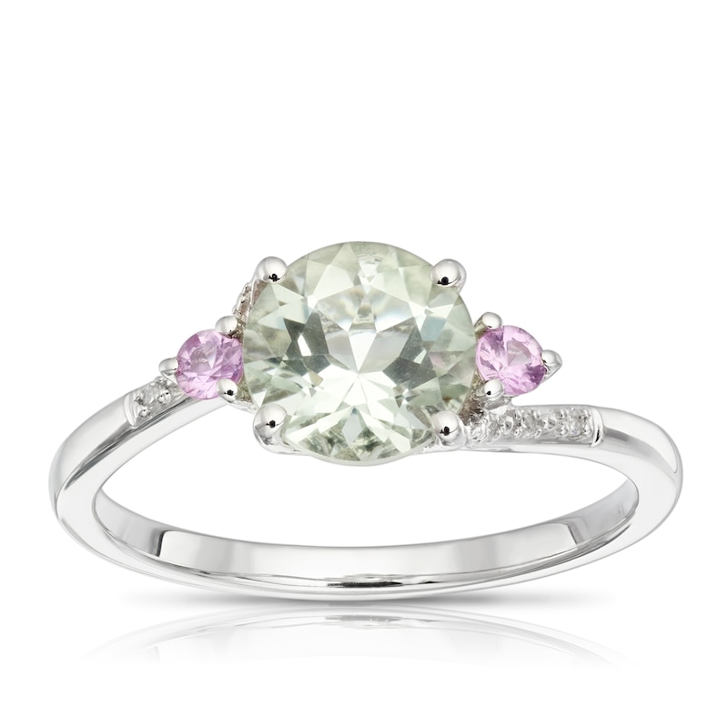 Main Image 1 of 9ct White Gold Lily Green Amethyst, Pink Sapphire & Diamond Twist Ring