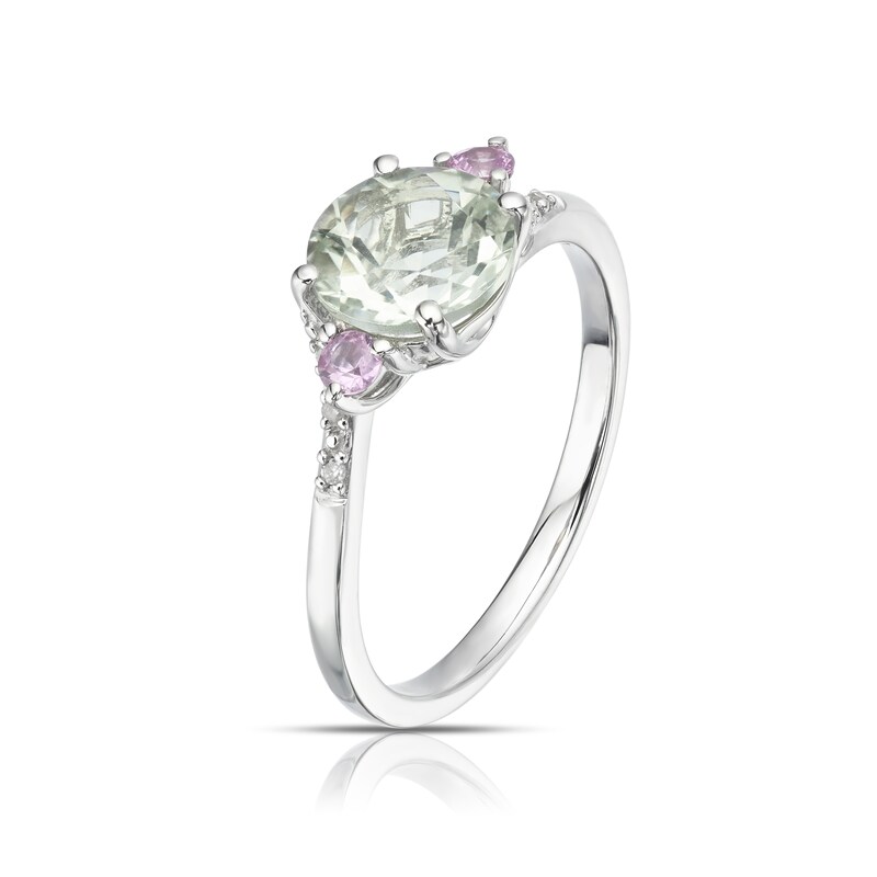 Main Image 2 of 9ct White Gold Lily Green Amethyst, Pink Sapphire & Diamond Twist Ring