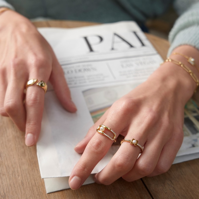Main Image 2 of Anie Haie 14ct Gold Plated Pearl Sparkle Interlock Ring - Size O/P
