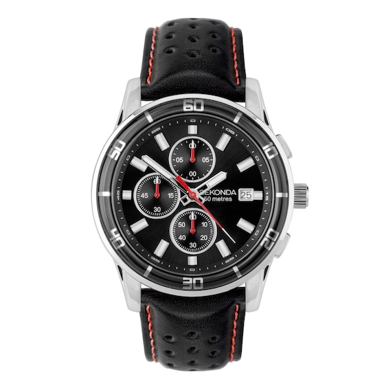 Sekonda Chronograph Mens Black Leather Strap Watch