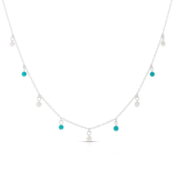 Sterling Silver Pearl and Turquoise Coloured Beaded Station Drop 16+2 Necklace
