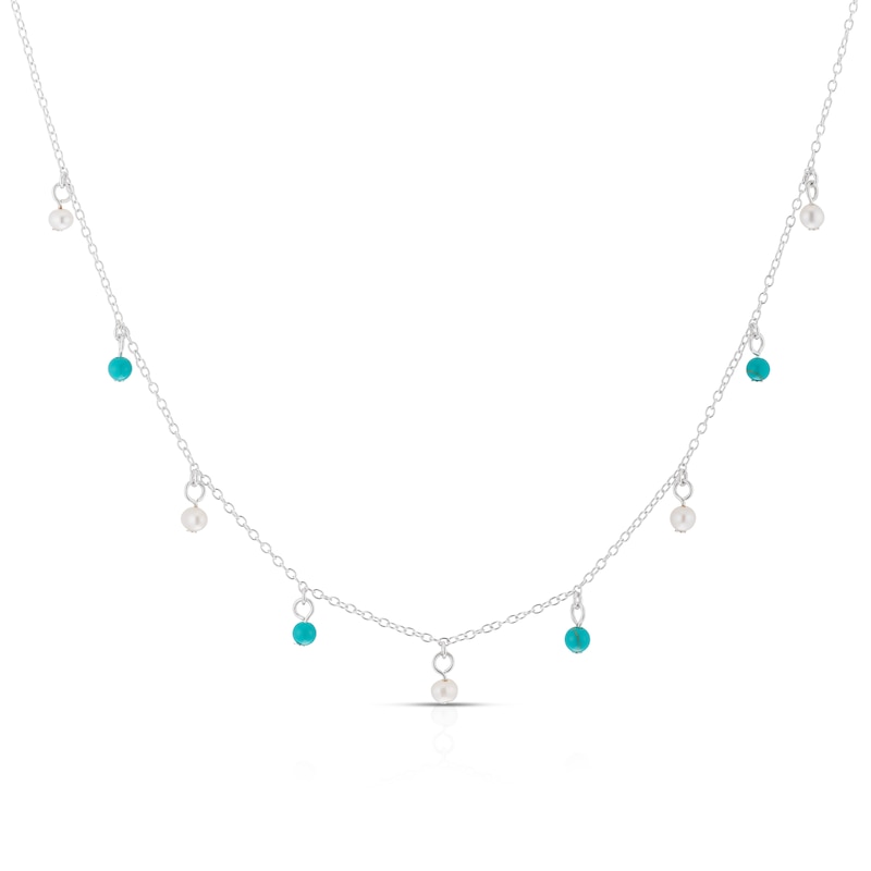 Main Image 1 of Sterling Silver Pearl & Turquoise Coloured Beaded Station Drop 16+2" Necklace