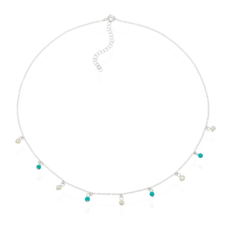 Main Image 2 of Sterling Silver Pearl & Turquoise Coloured Beaded Station Drop 16+2" Necklace