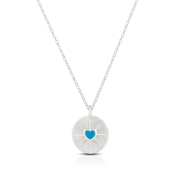 Sterling Silver Sunburst Disc & Turquoise Coloured Heart Pendant 16+2&quot; Necklace