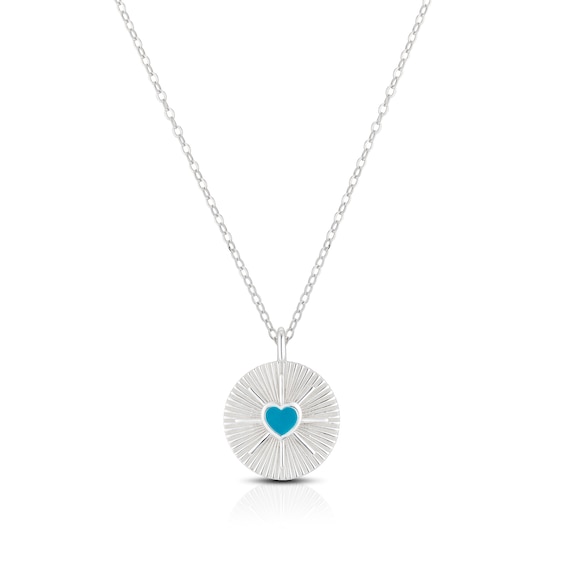 Sterling Silver Sunburst Disc and Turquoise Coloured Heart Pendant 16+2 Necklace