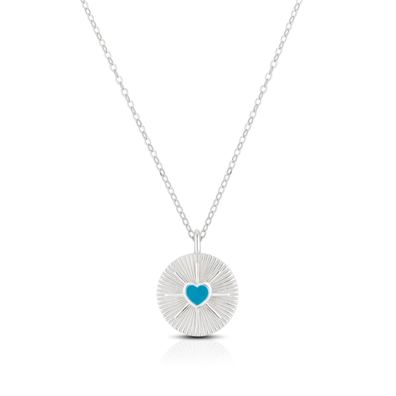 Main Image 1 of Sterling Silver Sunburst Disc & Turquoise Coloured Heart Pendant 16+2&quot; Necklace