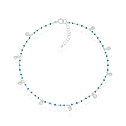 Sterling Silver CZ & Turquoise Colour Beads Station Drop 9+1" Anklet