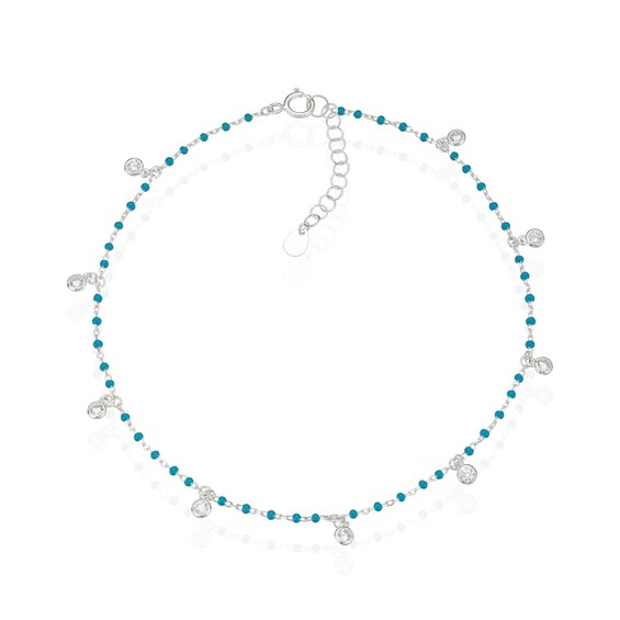 Sterling Silver CZ and Turquoise Colour Beads Station Drop 9+1 Anklet