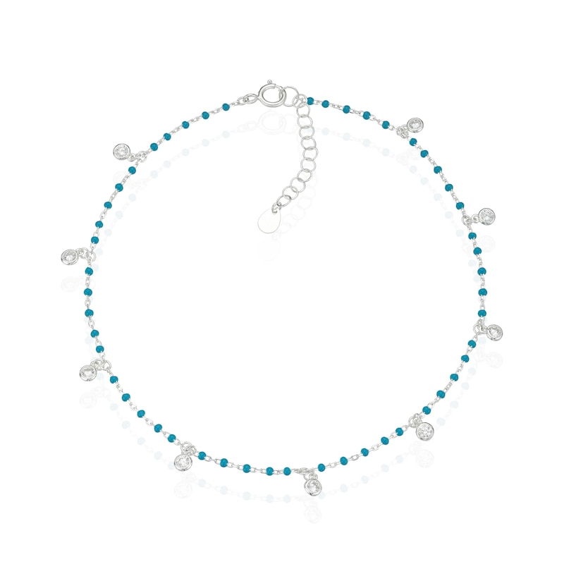 Main Image 1 of Sterling Silver CZ & Turquoise Colour Beads Station Drop 9+1" Anklet