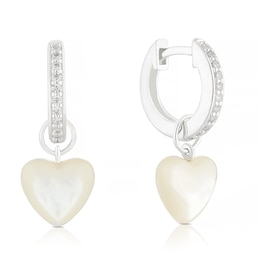Sterling Silver CZ & MOP Heart Drop Huggie Hoop Earrings