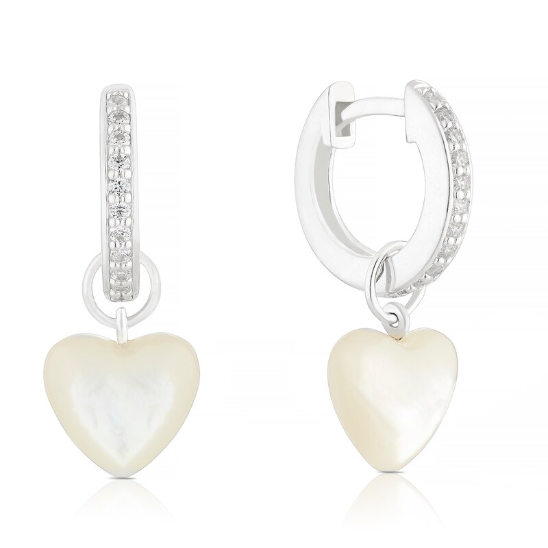 Main Image 1 of Sterling Silver CZ & MOP Heart Drop Huggie Hoop Earrings