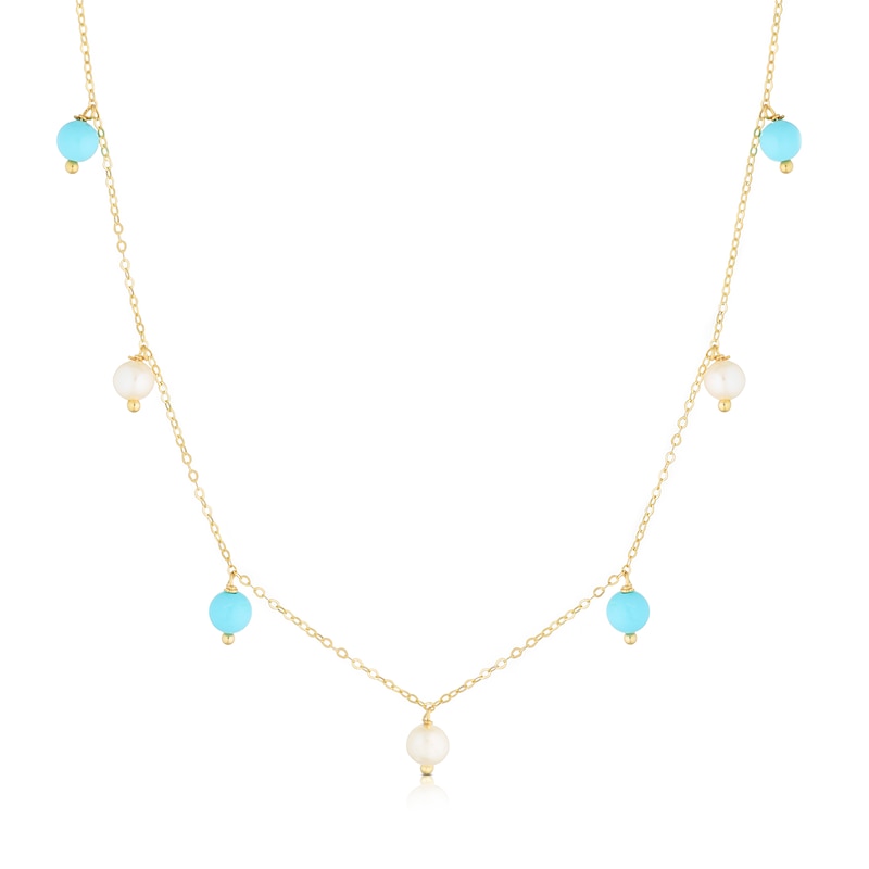 Main Image 1 of 9ct Yellow Gold Pearl & Turquoise Coloured Stone Drop Pendant 18" Necklace