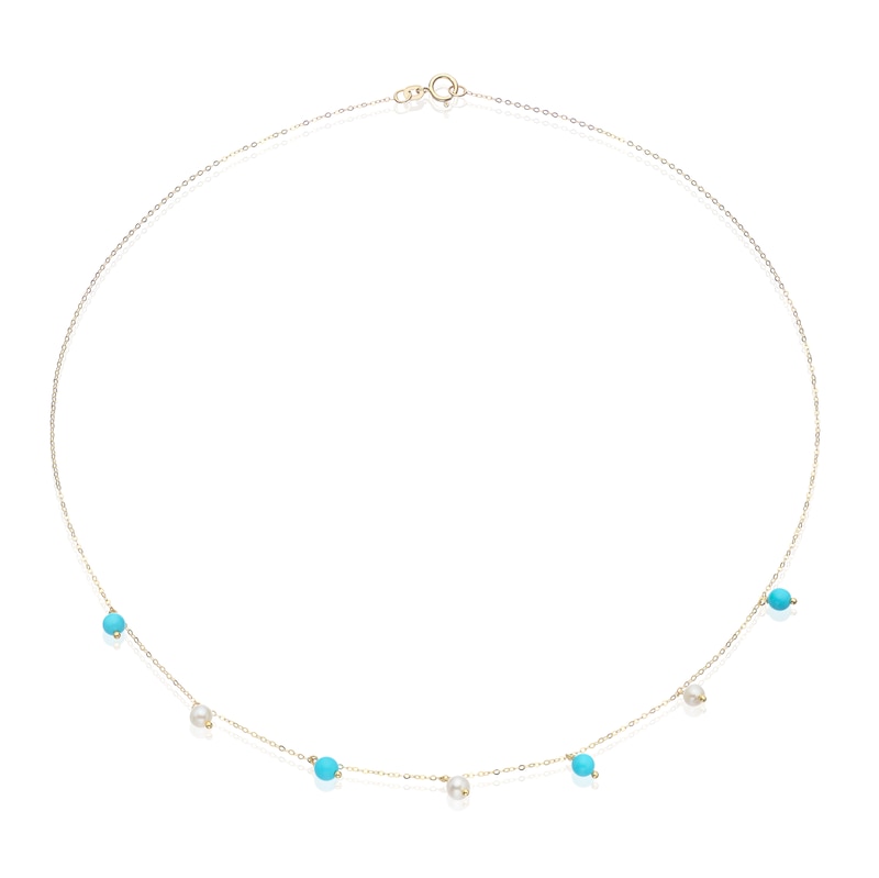 Main Image 2 of 9ct Yellow Gold Pearl & Turquoise Coloured Stone Drop Pendant 18" Necklace