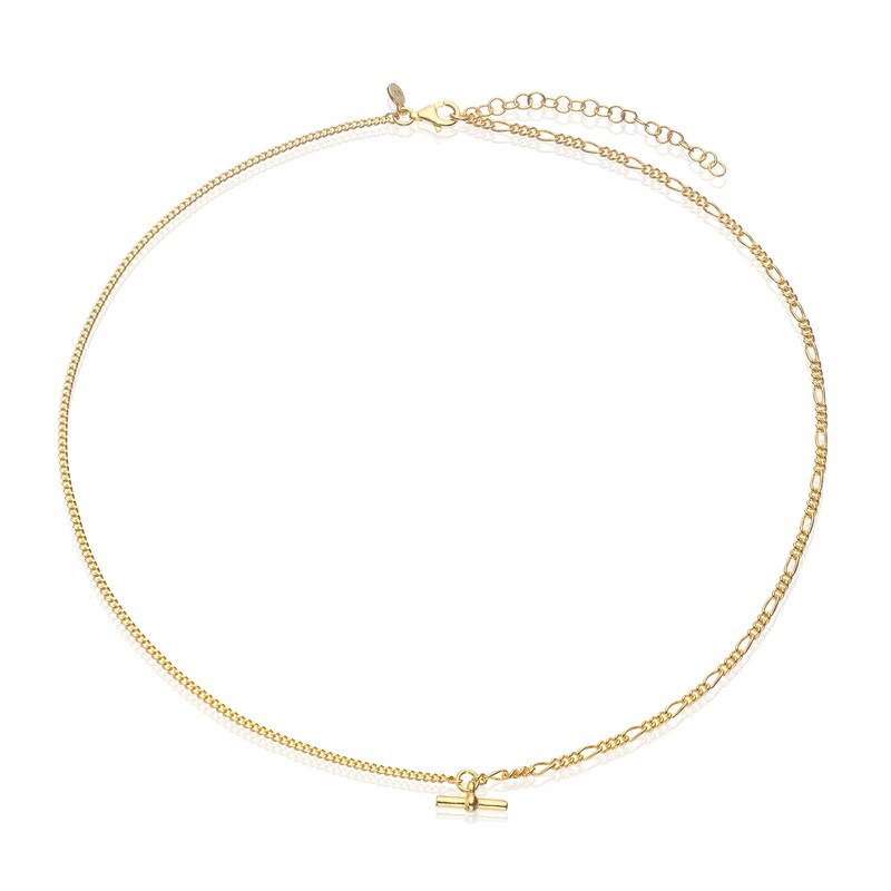 Main Image 2 of Sterling Silver 18ct Gold Plated Half Curb & Half Figaro T-Bar 16+2" Necklace