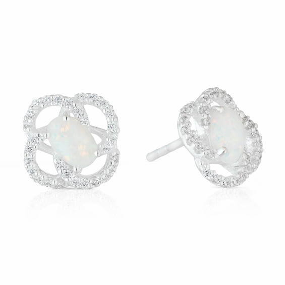 Sterling Silver Synthetic Opal and Cubic Zirconia Stud Earrings