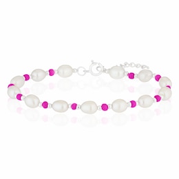 Sterling Silver Freshwater Pearl & Pink Beaded 7+1" Bracelet