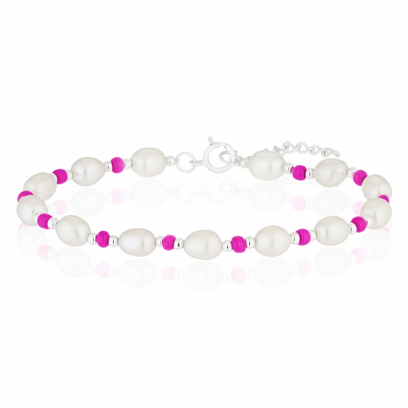 Main Image 1 of Sterling Silver Freshwater Pearl & Pink Beaded 7+1" Bracelet
