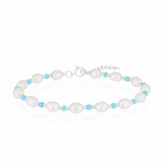 Sterling Silver Freshwater Pearl and Blue Beaded 7+1 Bracele