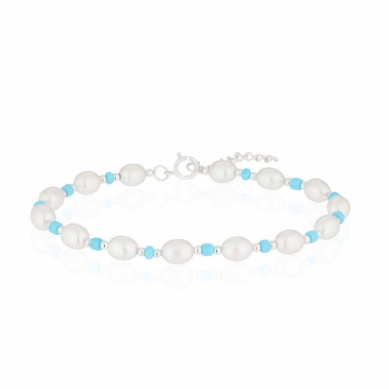 Sterling Silver Freshwater Pearl & Blue Beaded 6.5+1 Inch Bracelet