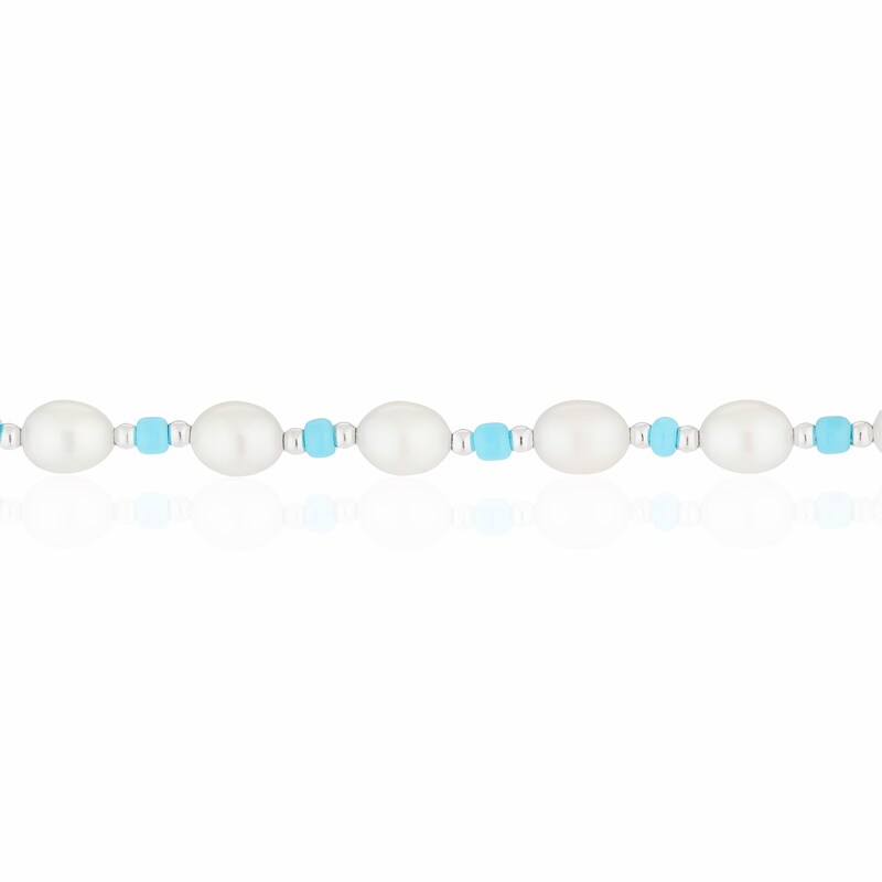 Sterling Silver Freshwater Pearl & Blue Beaded 6.5+1 Inch Bracelet