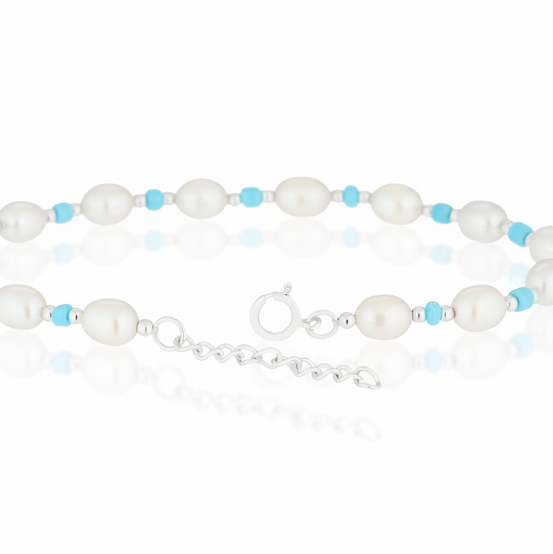 Sterling Silver Freshwater Pearl & Blue Beaded 6.5+1 Inch Bracelet
