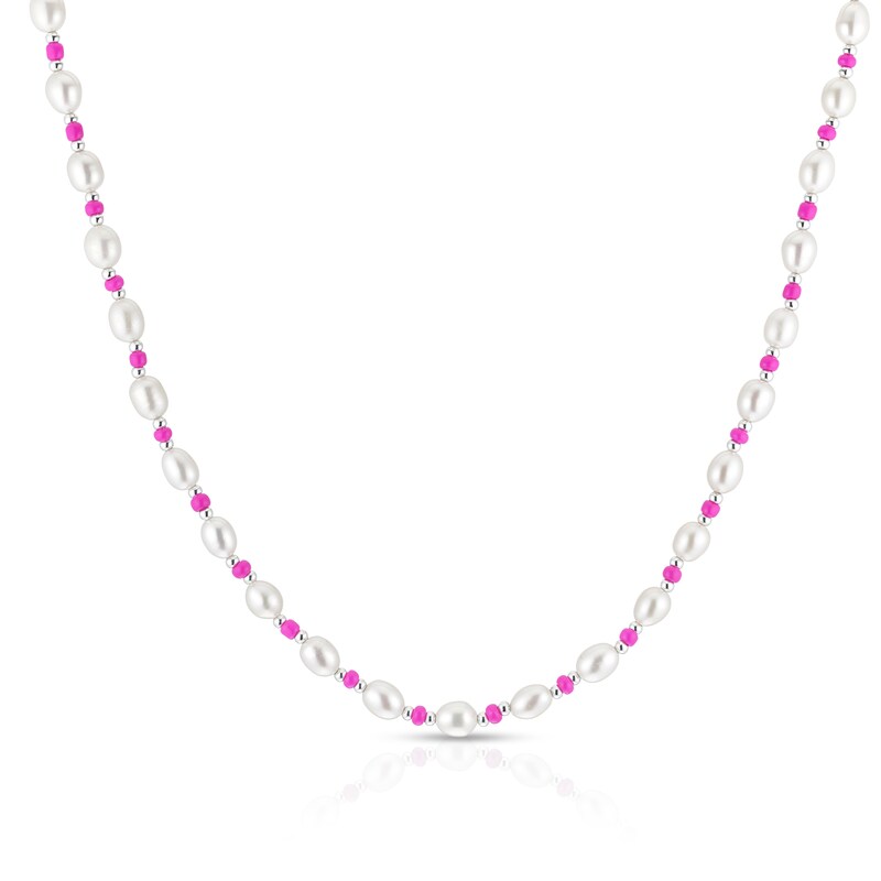 Main Image 1 of Sterling Silver Freshwater Pearl & Pink Beaded 17+2" Necklace