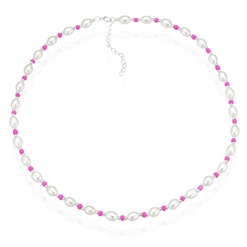 Main Image 2 of Sterling Silver Freshwater Pearl & Pink Beaded 17+2" Necklace