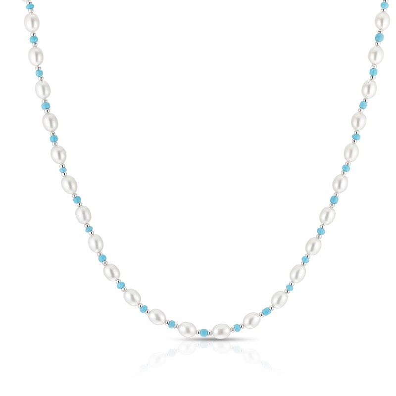 Sterling Silver Freshwater Pearl & Blue Beaded 16+2 Inch Necklace