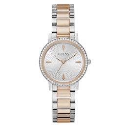 Guess Ladies' Stone Set Silver Dial Two Tone Bracelet Watch